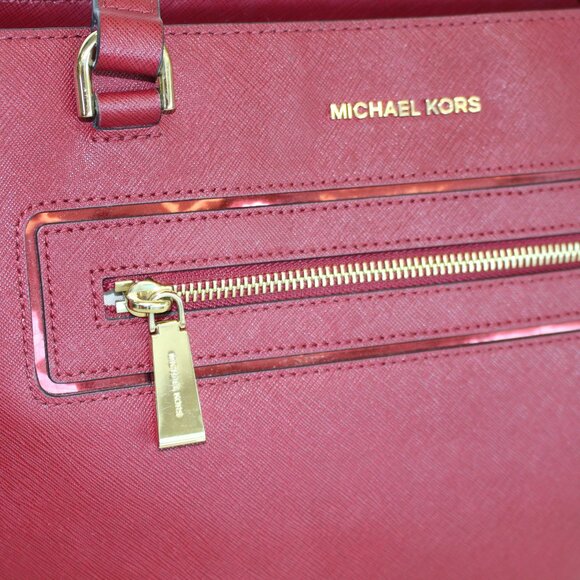 Michael Kors Cherry Red Jet Set Large Leather Tote Bag Purse - Picture 3 of 13